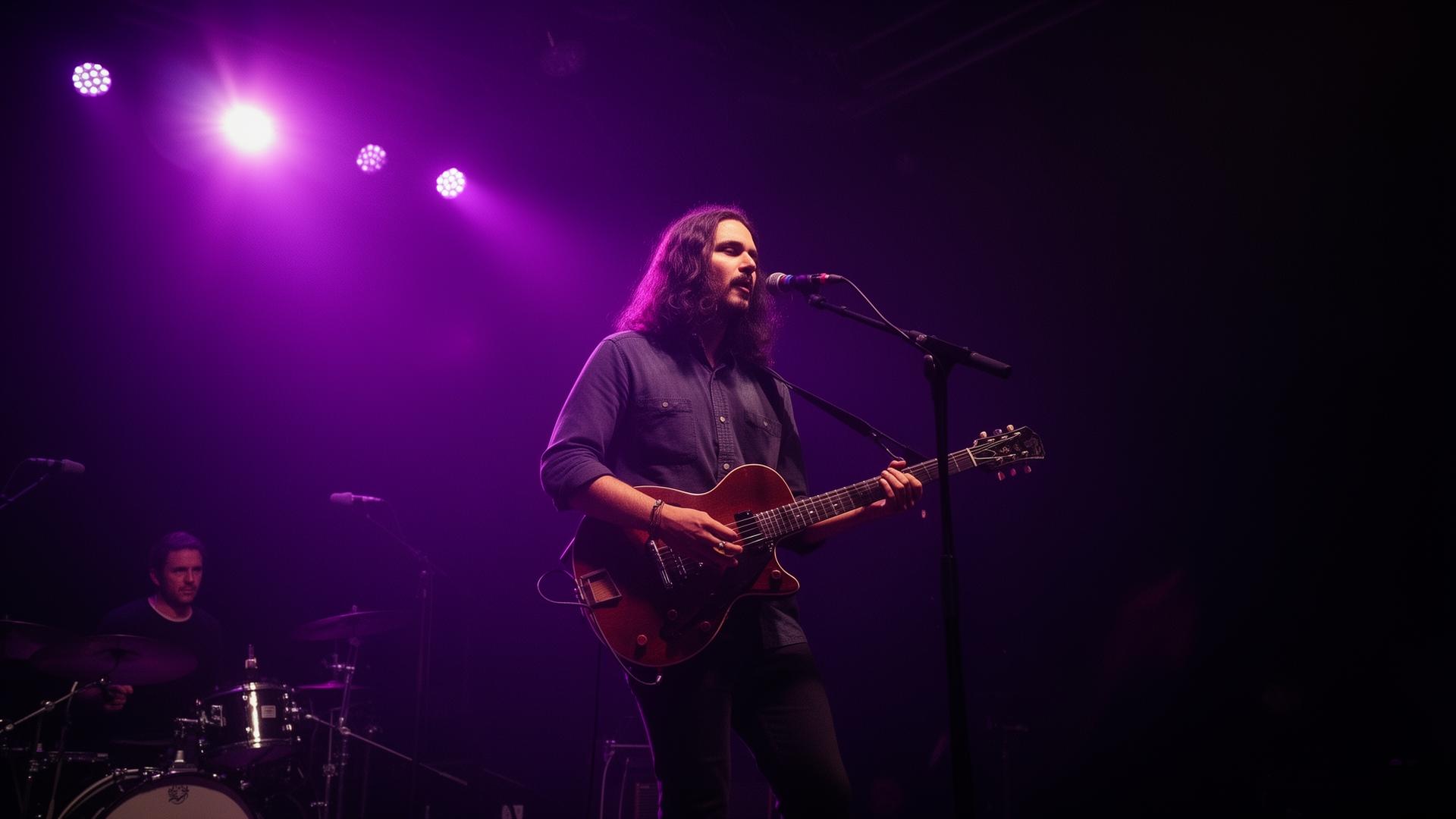 Independent musician performing on stage under purple stage lights